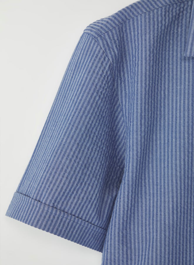 trendyol Blue Regular Fit Seersucker Textured Summer Striped Shirt - Image 4
