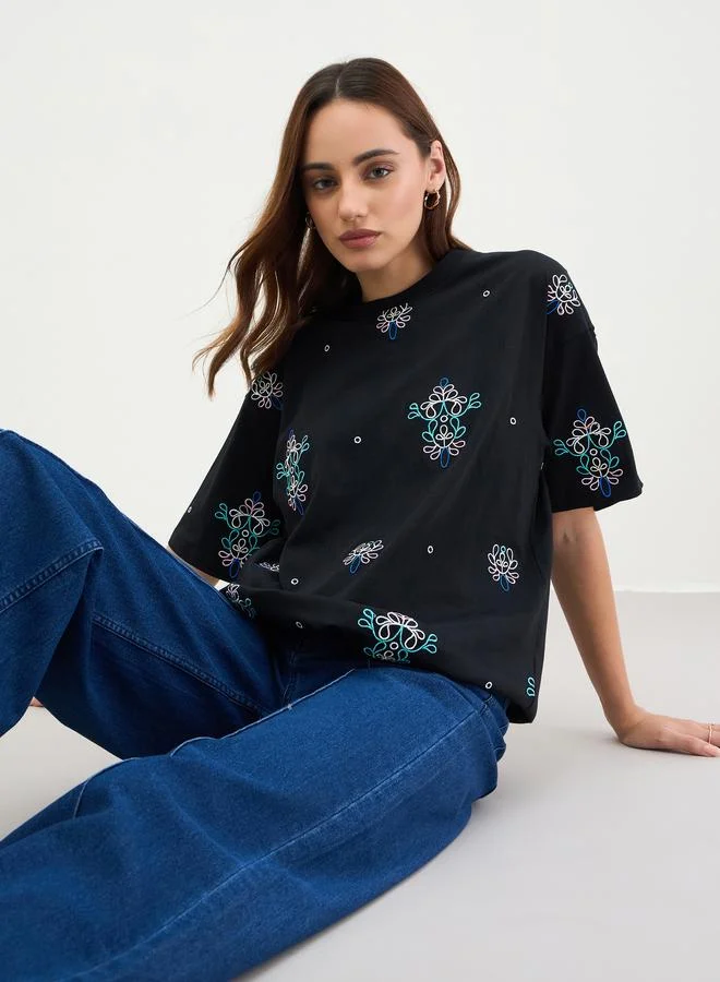 Styli Black Embroidered Oversized T-Shirt