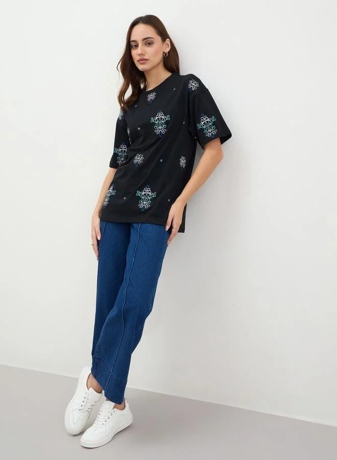 Styli Black Embroidered Oversized T-Shirt