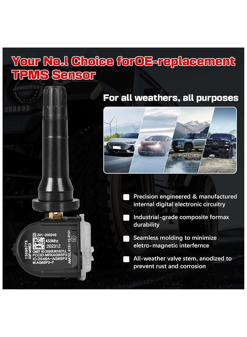 ستارويل مجموعة من 4 مستشعرات نظام مراقبة ضغط الإطارات TPMS بتردد 433 ميجاهرتز متوافقة مع سيارات كاديلاك وجي إم سي وماليبوا وسيلفرادو وإمبالا وكروز وريجال ولاكروس. بديل للرقم OE#13598773 13516165 13589601 13506028 13594222  - Image 4
