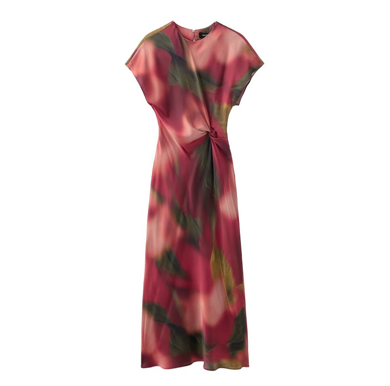 Ladies Wipe Sleeve Elegant Silk Satin Texted Wipe Sleeve Printing Midi dress Spring and Summer 2025 New European and American Cross-border 945567Red printed skirt