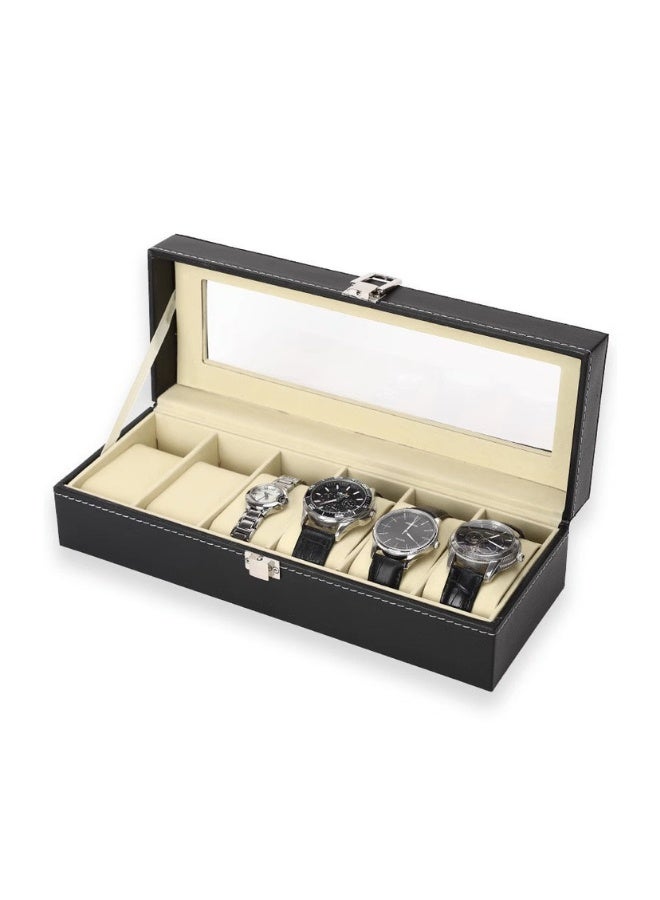 حقيبة عرض المراقبة الجلدية الممتازة (6 فتحات)، صندوق تخزين المراقبة، منظم المراقبة، مع غطاء زجاجي واضح ومزلاج معدني، للعرض - Image 1