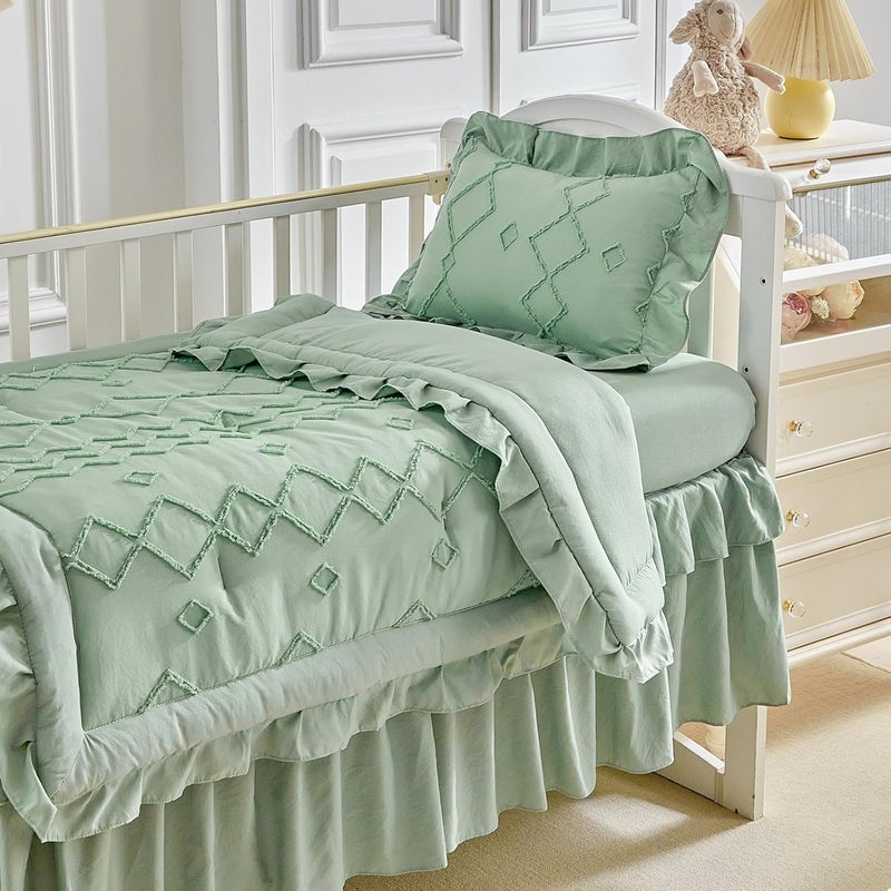 AIKASY The Ruffled Shabby Crib Bedding Set for Girls Baby Quilted Comforter with Fitted Sheet Bed Skirt and Pillowcase - Image 3