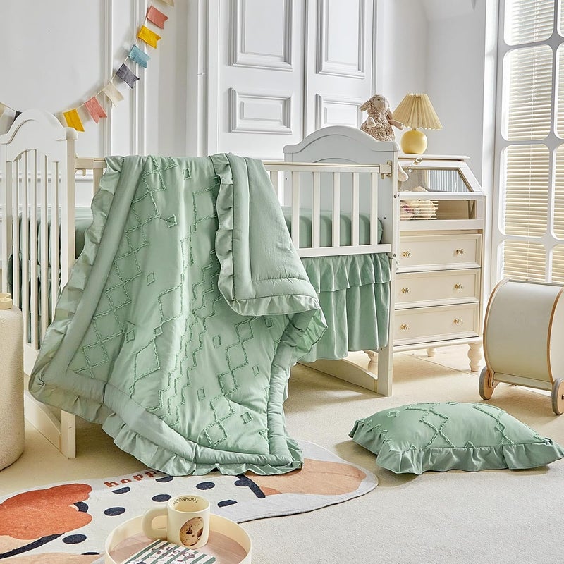 AIKASY The Ruffled Shabby Crib Bedding Set for Girls Baby Quilted Comforter with Fitted Sheet Bed Skirt and Pillowcase - Image 1