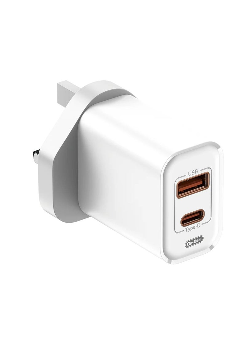 GO-DES 38W Dual-Port Fast Travel Charger – USB-C PD + USB-A QC 3.0 Wall Adapter with Smart Protection – High-Speed Charging for Smartphones, Tablets & More – Compact, Safe, and Travel-Friendly Design - Image 1