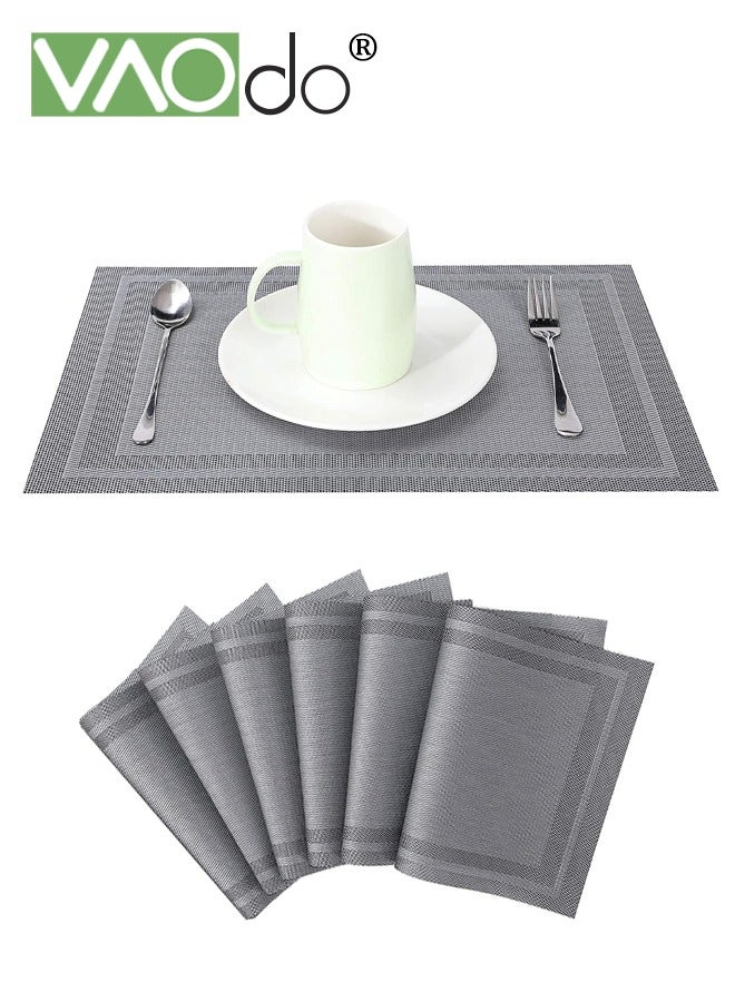 VAOdo Placemats Set of 6, Woven Texture Heat-resistant Table Mats, High-quality PVC Waterproof and Oilproof Dining Mats Machine Washable for Home Restaurant Cafe Grey - Image 1