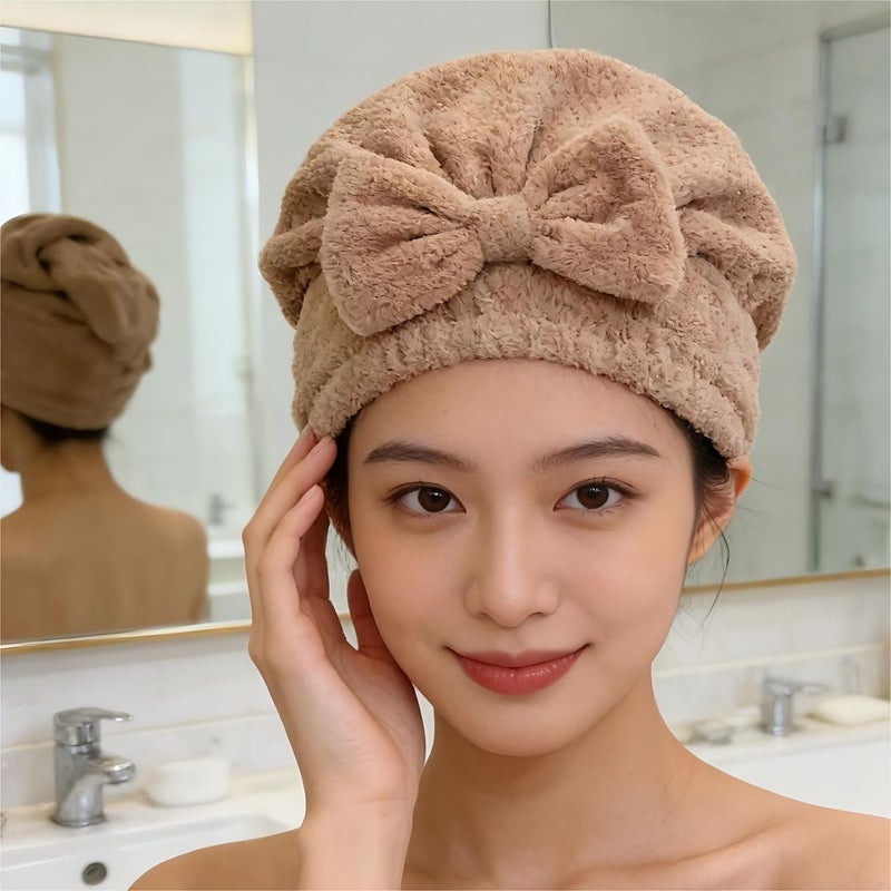 Pink Coral Fleece Hair Drying Cap Quick Dry Thickened Hair Towel with Bow Pineapple Design - Image 4