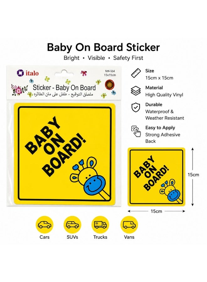 Baby On Board Car Sticker 15x15 cm | Cute Baby Safety Warning Decal | Waterproof Vehicle Sticker for Cars