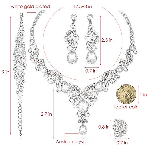 CSY 4 Pcs/Sets Elegant Crystal Necklace Earrings Bracelet Ring Bridal Wedding Costume Jewelry Sets for Brides Women Gifts (White Gold Plated-White) - Image 2