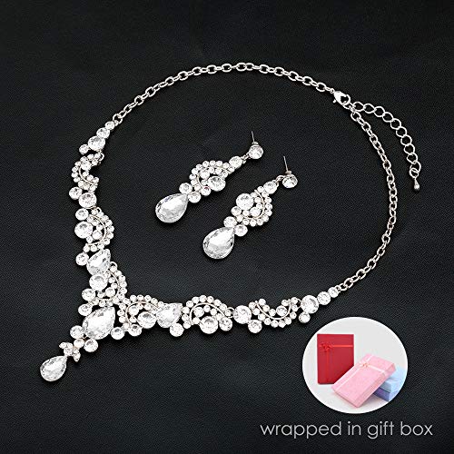 CSY 4 Pcs/Sets Elegant Crystal Necklace Earrings Bracelet Ring Bridal Wedding Costume Jewelry Sets for Brides Women Gifts (White Gold Plated-White) - Image 3