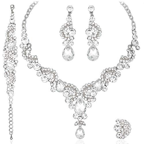 CSY 4 Pcs/Sets Elegant Crystal Necklace Earrings Bracelet Ring Bridal Wedding Costume Jewelry Sets for Brides Women Gifts (White Gold Plated-White) - Image 1