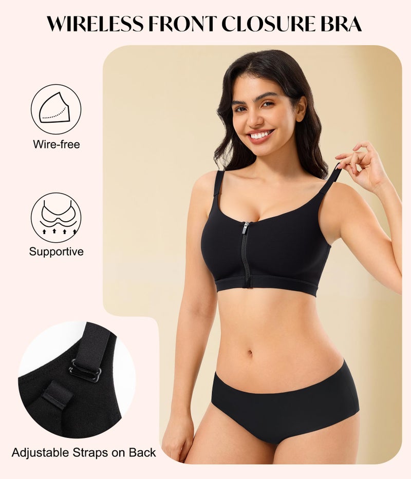 CYDREAM Womens Zip Front Closure Bra Wireless Seamless Bralettes Comfort Full Coverage Back Smoothing No Underwire (US, Alpha, Large, Regular, Regular, Black) - Image 2