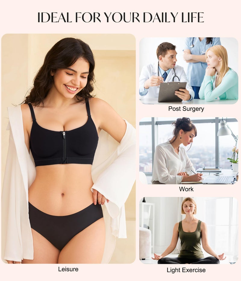 CYDREAM Womens Zip Front Closure Bra Wireless Seamless Bralettes Comfort Full Coverage Back Smoothing No Underwire (US, Alpha, Large, Regular, Regular, Black) - Image 4