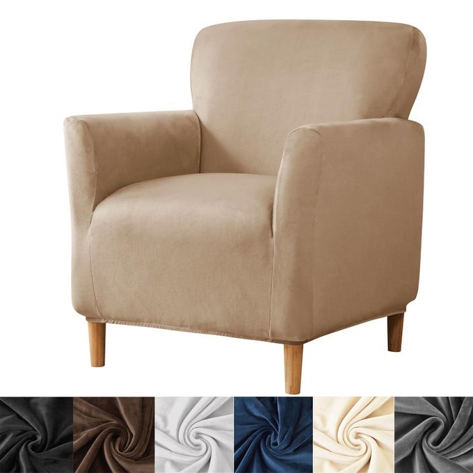 BANQUET ARMCHAIR SLIPCOVERSTRETCH VELVET ARMCHAIR COVER SOFT CHAIR COVERS WITH ARMS FOR LIVING ROOM FURNITURE PROTECTOR KHAKI