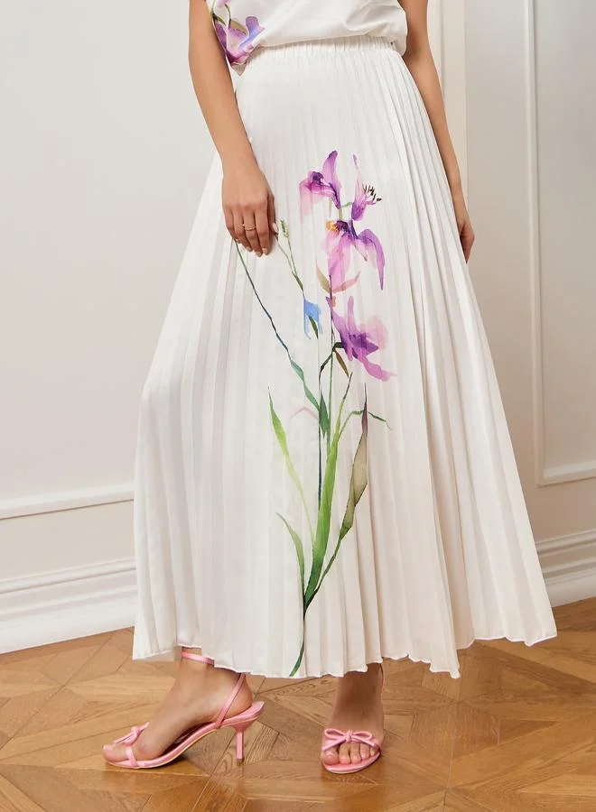 Styli Women Off-White Floral Print Pleated Midi Skirt