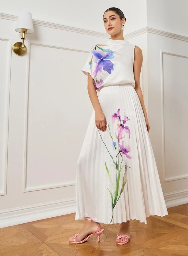 Women Off-White Floral Print Pleated Midi Skirt