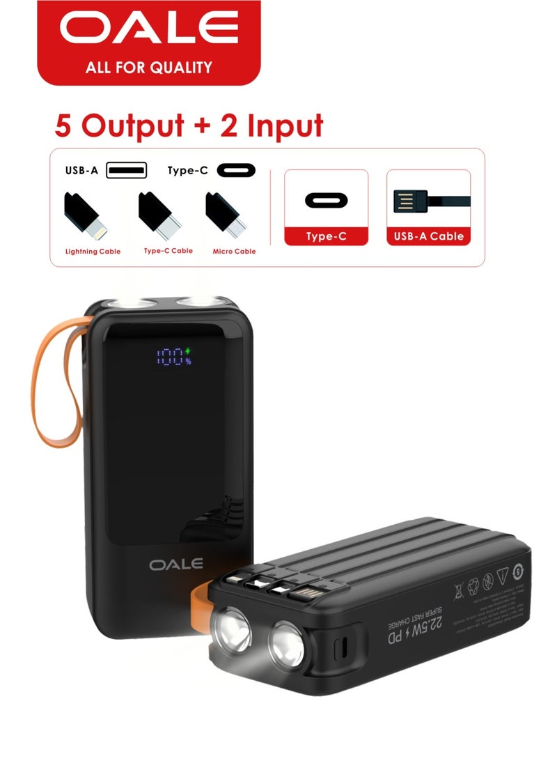 OALE iPower E30000 27000mAh Power Bank, 22.5W Fast Charging, 5 Outputs & 2 Inputs, Dual Flashlights, Built-in 4 Cables, Carry Strap - Image 2