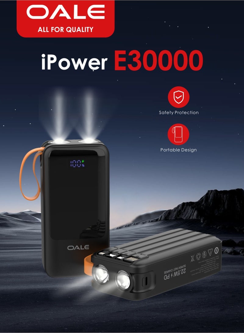 OALE iPower E30000 27000mAh Power Bank, 22.5W Fast Charging, 5 Outputs & 2 Inputs, Dual Flashlights, Built-in 4 Cables, Carry Strap - Image 4