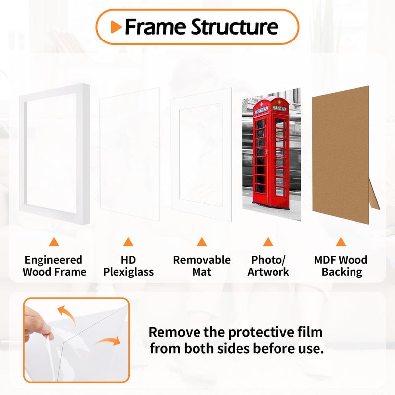 HOMERHYME 5x7 Picture Frame Set of 8, White Photo Frames for Gallery Wall Mounting or Table Display, Display Pictures 4x6 with Mat or 5x7 Without, Poster Frames with Plexiglass for Home Office Decor - Image 4