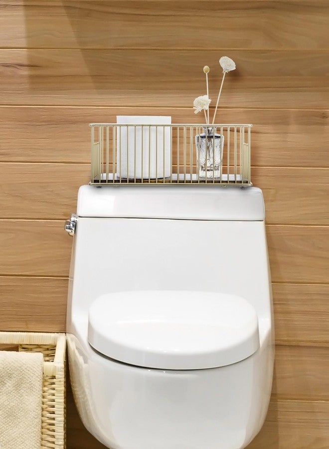 MyGift Modern Brass-Tone Metal Wire Toilet Paper Holder Basket with Rustic Burnt Solid Wood Base, Toilet Tank Topper Organizer Tray Bathroom Sink Counter Toiletries Storage - Image 3