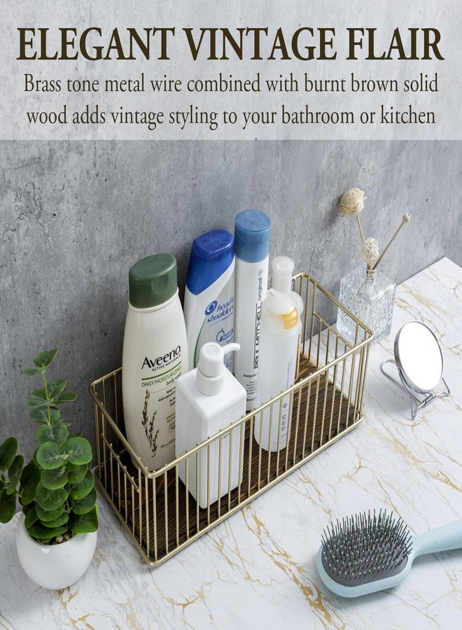 MyGift Modern Brass-Tone Metal Wire Toilet Paper Holder Basket with Rustic Burnt Solid Wood Base, Toilet Tank Topper Organizer Tray Bathroom Sink Counter Toiletries Storage - Image 2