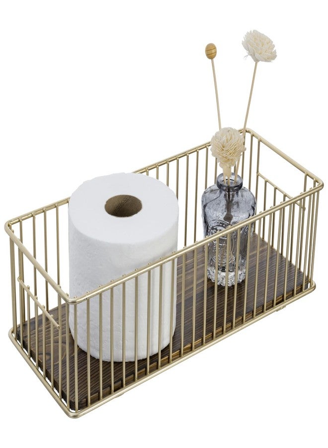 MyGift Modern Brass-Tone Metal Wire Toilet Paper Holder Basket with Rustic Burnt Solid Wood Base, Toilet Tank Topper Organizer Tray Bathroom Sink Counter Toiletries Storage - Image 1