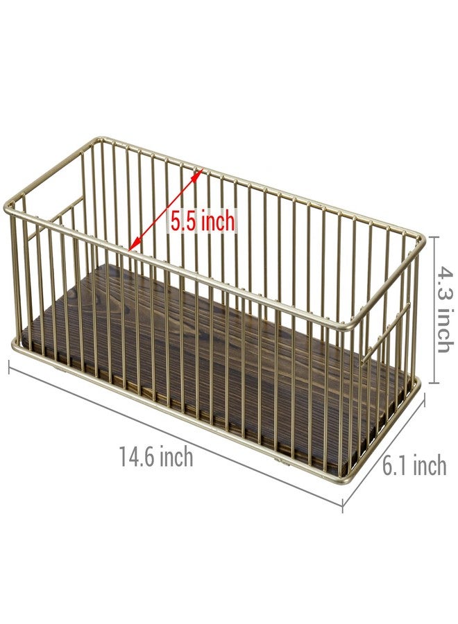 MyGift Modern Brass-Tone Metal Wire Toilet Paper Holder Basket with Rustic Burnt Solid Wood Base, Toilet Tank Topper Organizer Tray Bathroom Sink Counter Toiletries Storage - Image 5