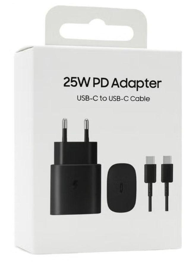 شاحن حائط سريع 25 واط بمنفذ USB-C (Type-C) مع كابل (3 أمبير) Type-C إلى Type-C بطول 1 متر - شحن سريع بتقنية PD، متوافق مع أجهزة سامسونج وغيرها من أجهزة USB-C - أسود - Image 1
