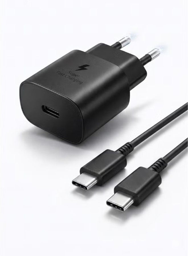 شاحن حائط سريع 25 واط بمنفذ USB-C (Type-C) مع كابل (3 أمبير) Type-C إلى Type-C بطول 1 متر - شحن سريع بتقنية PD، متوافق مع أجهزة سامسونج وغيرها من أجهزة USB-C - أسود - Image 2