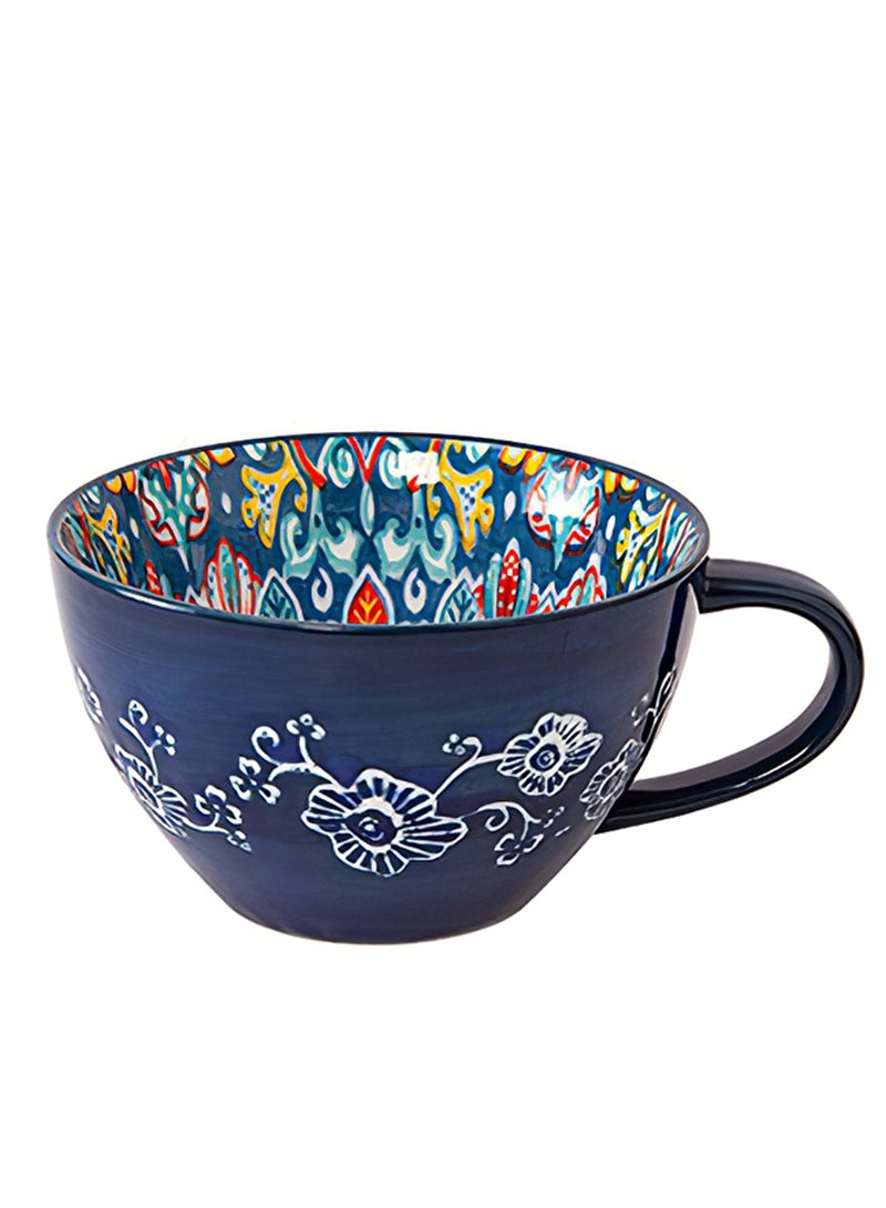 Ceramic Coffee Mug with Handle, Versatile Bohemian Style Gand-Painted Cup for Oatmeal, Milk, Fattoush, Oven, Dishwasher and Microwave Safe, 550ml (Dark Blue) - Image 1