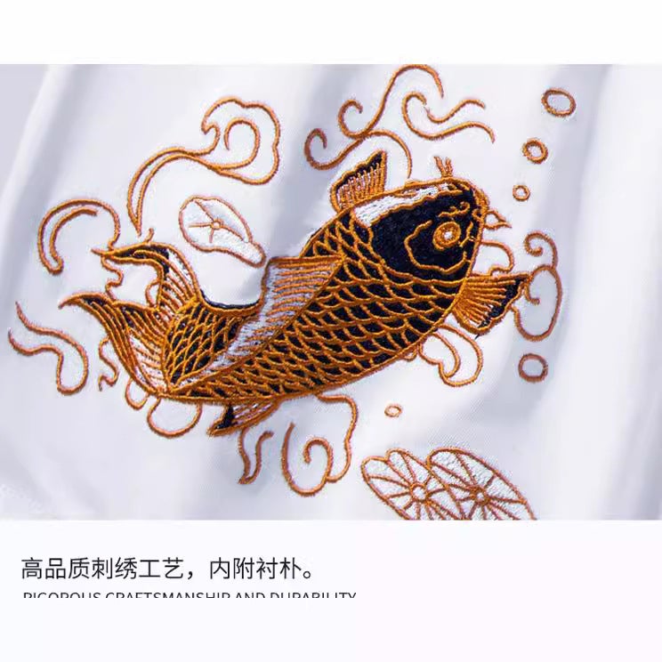 New Men'S T-Shirt Chinese Style Knitted Cotton Embroidered Men'S Short-Sleeved T-Shirt Round Neck Fashion National Trend Top Koi Fish - Image 5