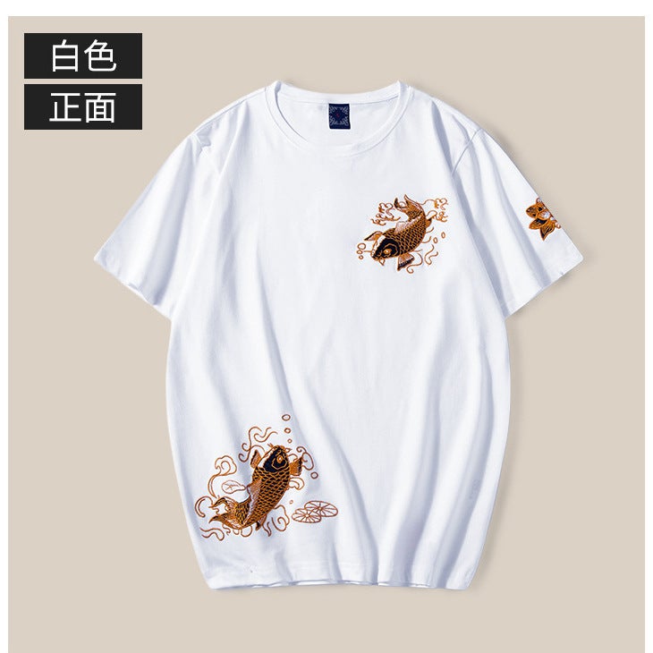 New Men'S T-Shirt Chinese Style Knitted Cotton Embroidered Men'S Short-Sleeved T-Shirt Round Neck Fashion National Trend Top Koi Fish - Image 2