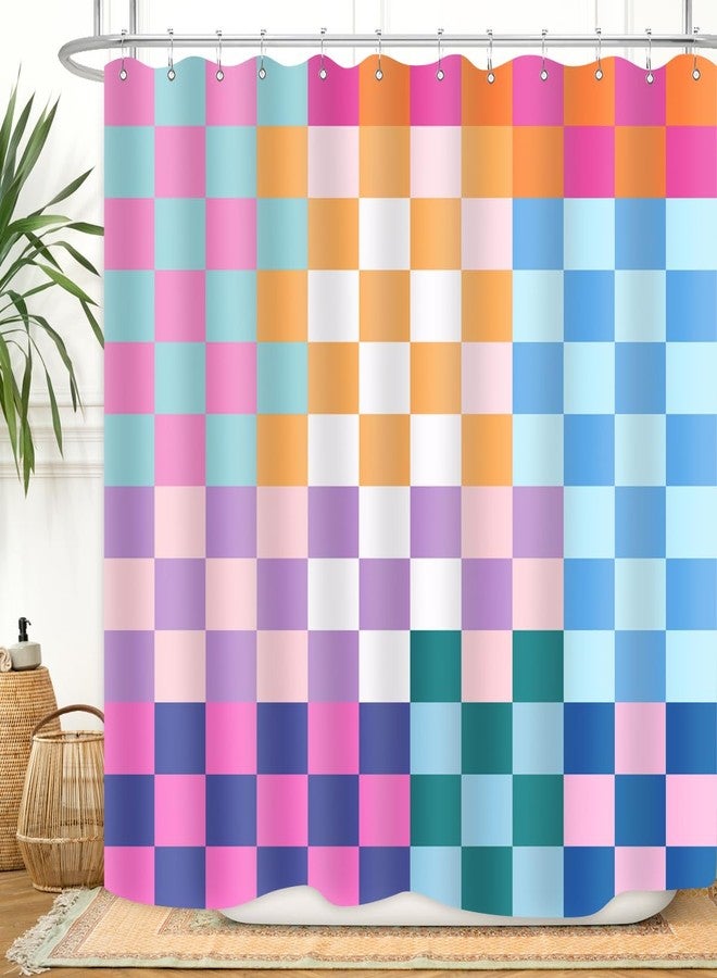 ZXMBF Retro Checkered Shower Curtain Colorful Geometric Modern Rainbow Minimalist Groovy Simple Bright Aesthetic Home Bathroom Decor Waterproof Fabric 72Lx72W Inch with Plastic 12PCS Hooks - Image 1