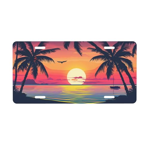cfpolar Sunset with Palm Trees and Beach Scene License Plate Decorative Car Front License Plate Aluminum Novelty License Plates Vanity Tag Metal Car Plate for Women Men 6 X 12 Inch - Image 1
