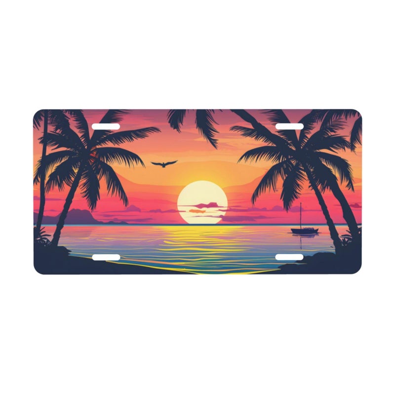 cfpolar Sunset with Palm Trees and Beach Scene License Plate Decorative Car Front License Plate Aluminum Novelty License Plates Vanity Tag Metal Car Plate for Women Men 6 X 12 Inch - Image 3