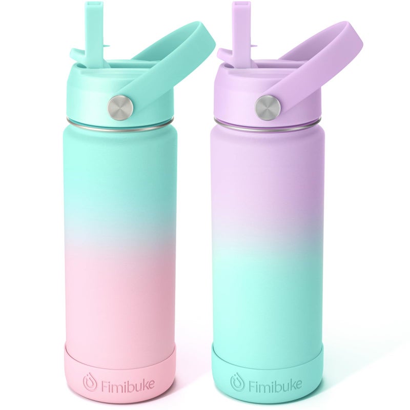 Fimibuke Kids Insulated Water Bottle - 18oz BPA-FREE 18/8 Stainless Steel Kid Cup with Straw Travel Tumbler Leak Proof Double Wall Vacuum Toddler Water Bottle for School Boy Girlï¼ˆ2 Pack, Candy/Bubbleï¼‰ - Image 1