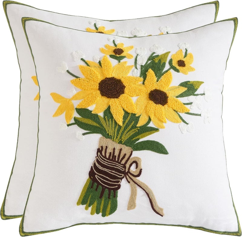 Tosleo أغطية وسائد ديكورية من مقاس 18x18 بوصة، مجموعة من 2، أغطية وسائد مطرزة لطيفة، أغطية وسائد قطنية ريفية، ديكور منزلي، أغطية وسائد مربعة زهرية (دوار الشمس) - Image 1