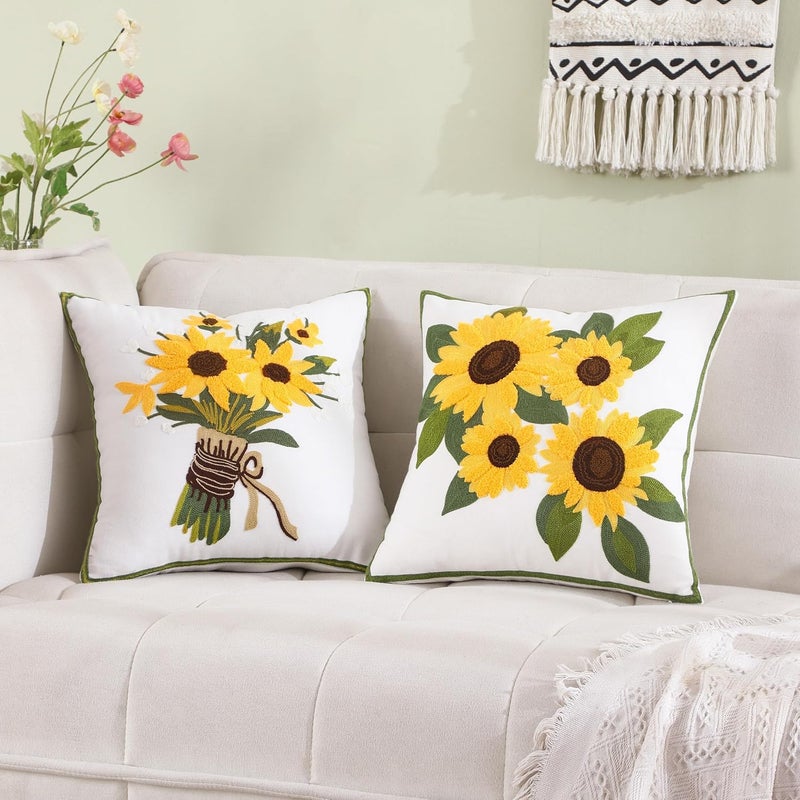 Tosleo أغطية وسائد ديكورية من مقاس 18x18 بوصة، مجموعة من 2، أغطية وسائد مطرزة لطيفة، أغطية وسائد قطنية ريفية، ديكور منزلي، أغطية وسائد مربعة زهرية (دوار الشمس) - Image 5