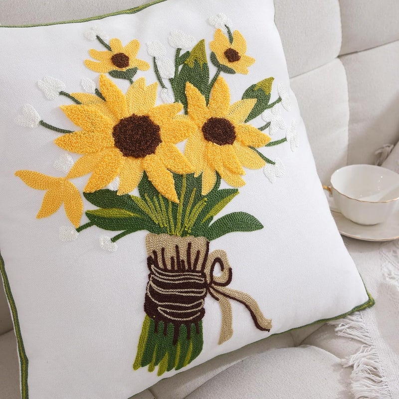Tosleo أغطية وسائد ديكورية من مقاس 18x18 بوصة، مجموعة من 2، أغطية وسائد مطرزة لطيفة، أغطية وسائد قطنية ريفية، ديكور منزلي، أغطية وسائد مربعة زهرية (دوار الشمس) - Image 2