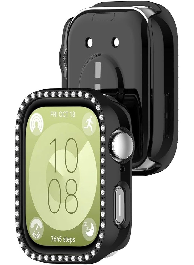 Bling Case Compatible with Huawei Watch Fit 3, Slim Hard PC Protective Frame Cover with Crystal Diamond Bumper, Stylish Sparkly Case for Women and Girls – Black (No Screen Protector) - Image 2