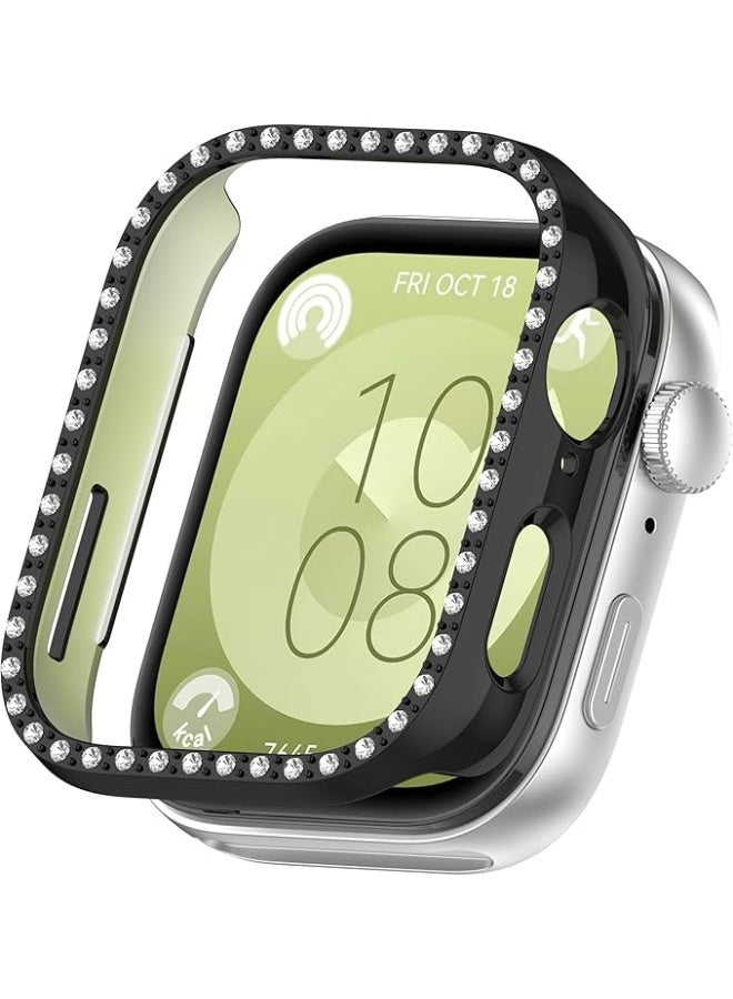 Bling Case Compatible with Huawei Watch Fit 3, Slim Hard PC Protective Frame Cover with Crystal Diamond Bumper, Stylish Sparkly Case for Women and Girls – Black (No Screen Protector) - Image 1