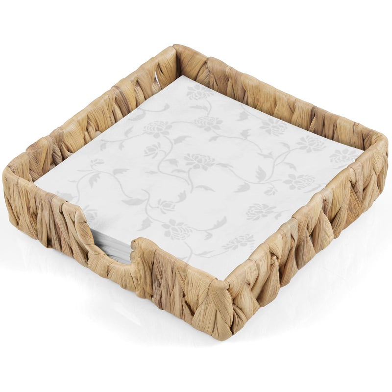 ZMZKKLL Napkin Holder for Table, Woven Water Hyacinth Napkin Holders For Paper Napkins, Wicker Napkin Holders for Kitchen Dinner Table Boho Decor and Accessories, Square Napkin Basket and Serving Tray - Image 1