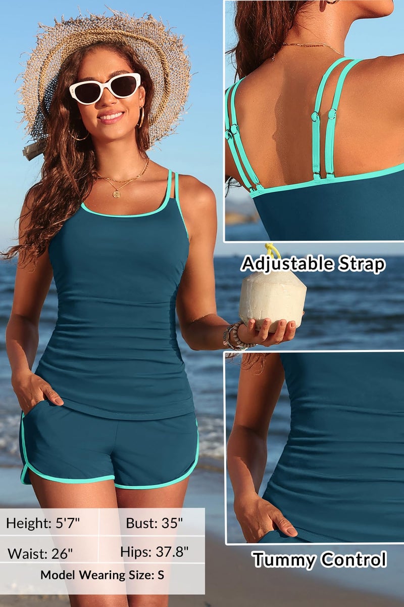 Yonique Women Tankini Swimsuit with Shorts - Two Piece Tummy Control Bathing Suit with Pockets 2025 Swimwear Teal and Green S - Image 4
