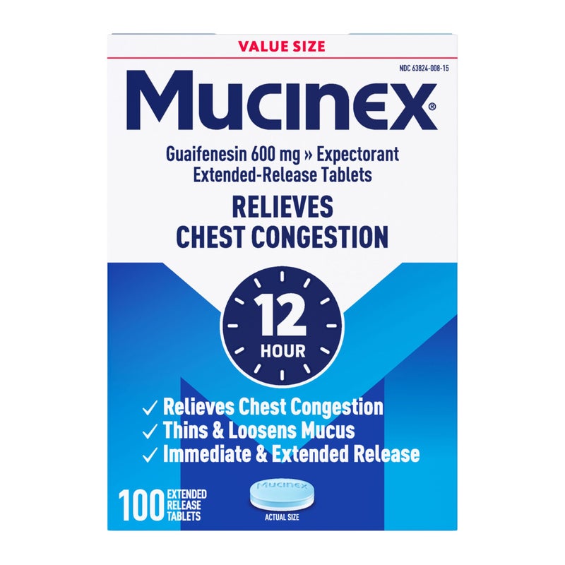 Mucinex 12 Hour 600 mg Guaifenesin Extended-Release Tablets for Excess Mucus Relief, Expectorant Aids Excess Mucus Removal, Chest Congestion Relief, 100 Bi-Layer Tablets - Image 1