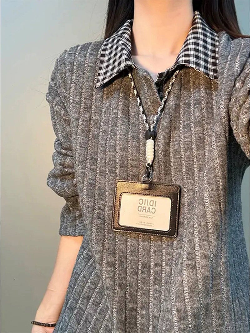 Men's Faux Two-Piece Plaid Polo Neck Sweatshirt Fleece Lined Long Sleeve T-Shirt Layering Base Layer - Image 2