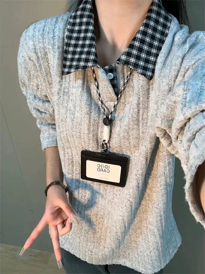 Men's Faux Two-Piece Plaid Polo Neck Sweatshirt Fleece Lined Long Sleeve T-Shirt Layering Base Layer - Image 5