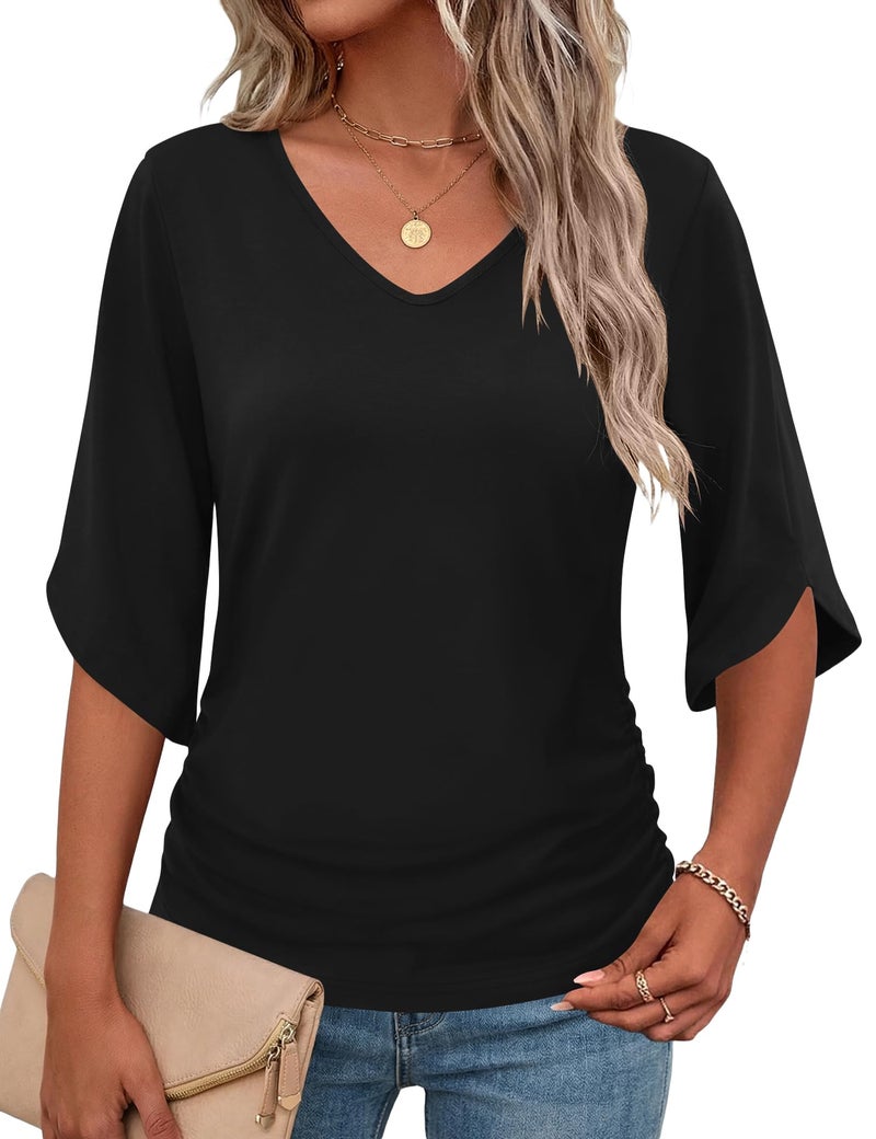 Micoson Womens Tops 3/4 Length Sleeve Teacher Shirts T Shirts V Neck Business Casual Flowy Blouses(Black, Small) - Image 1