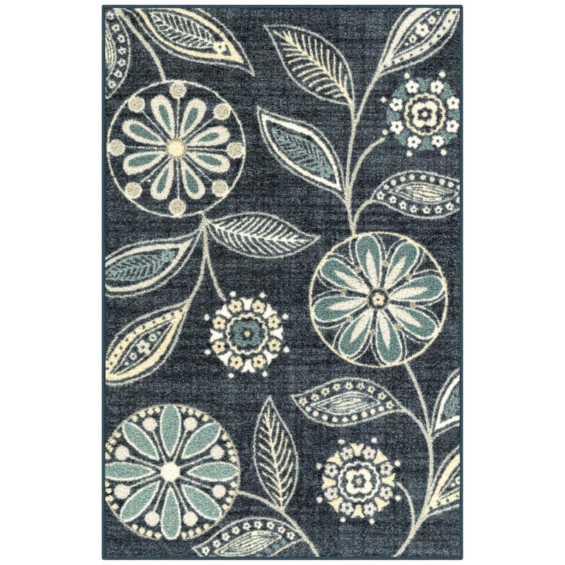 Maples Rugs Reggie Floral Kitchen Rug  Made in USA  Washable Non Slip Indoor Carpet for Entryway Foyer Kitchen and Bathroom 26 x 310 Persian Blue