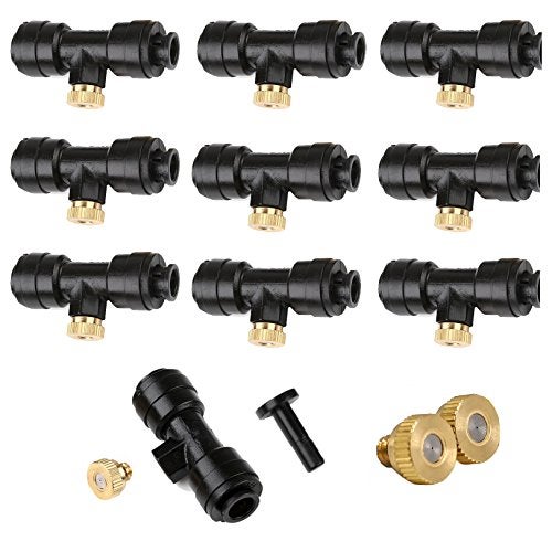Yotako 1/4'' Slip-Lock Misting Nozzles Kit, 12Pcs Brass Misting Nozzles 10Pcs Water Misting Nozzle Tees Thread Misting Nozzle Tees with Plugs for Outdoor Spray Cooling System - Image 1