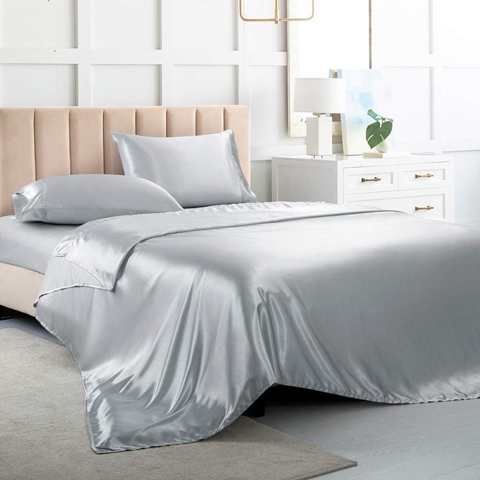 SATIN BED SHEETS QUEEN SHEET SET SILVER GREY SILK SHEETS 4 PIECES SOFT BEDDING SET WITH 1 DEEP POCKET FITTED SHEET1 FLAT SHEET2 PILLOWCASE